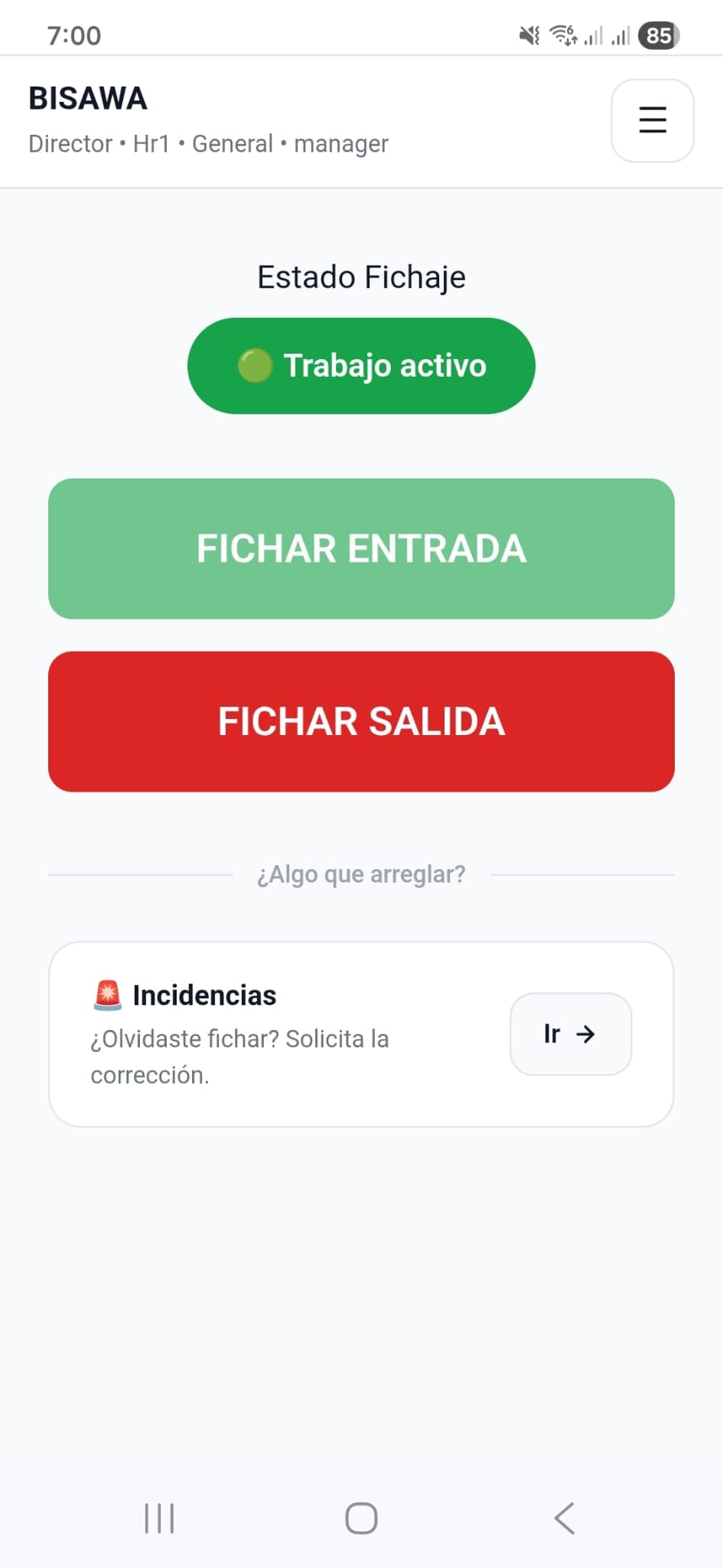 Pantalla de fichaje — FICHAR ENTRADA y FICHAR SALIDA